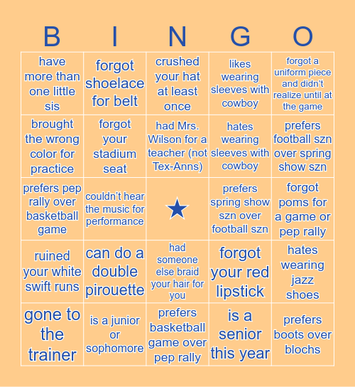 Dance Team BINGO Card