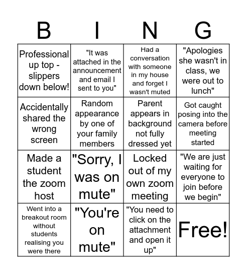 Zoom Bingo Card