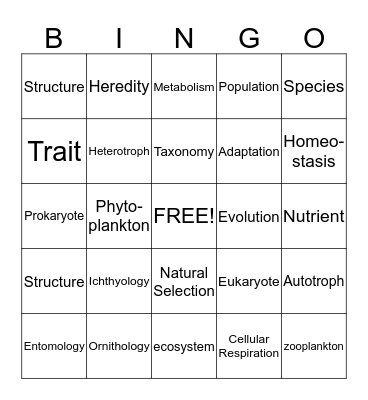 Introductory Zoology Vocabulary Bingo Card