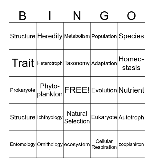 Introductory Zoology Vocabulary Bingo Card