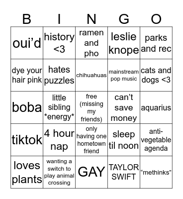 jess bingo!! Bingo Card