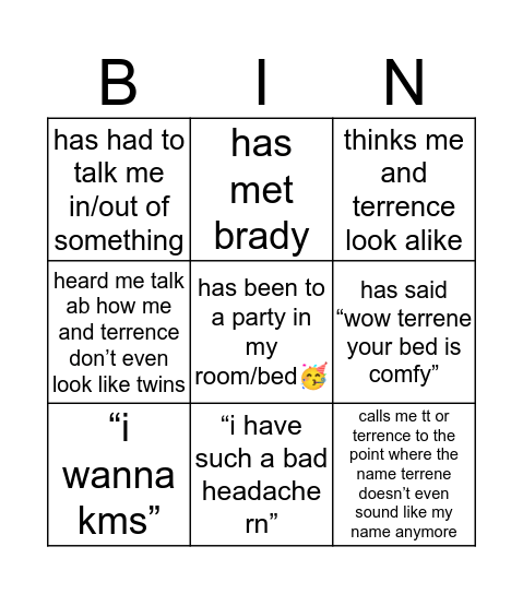 terrene’s bingo Card