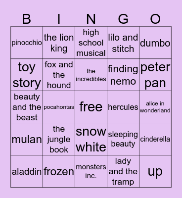 DISNEY MOVIE Bingo Card