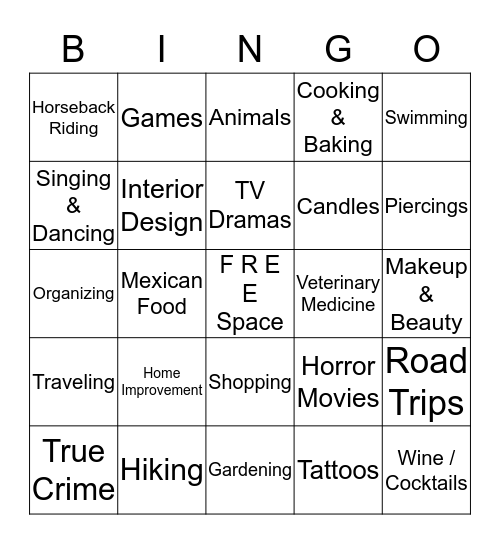 Shared Interests Bingo Card