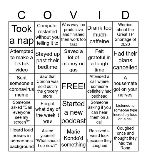 COVID-19 Bingo Card