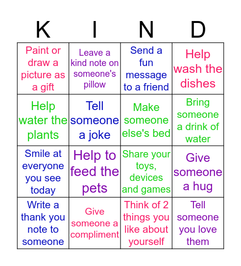 Acts of Kindness Challenge Bingo Card