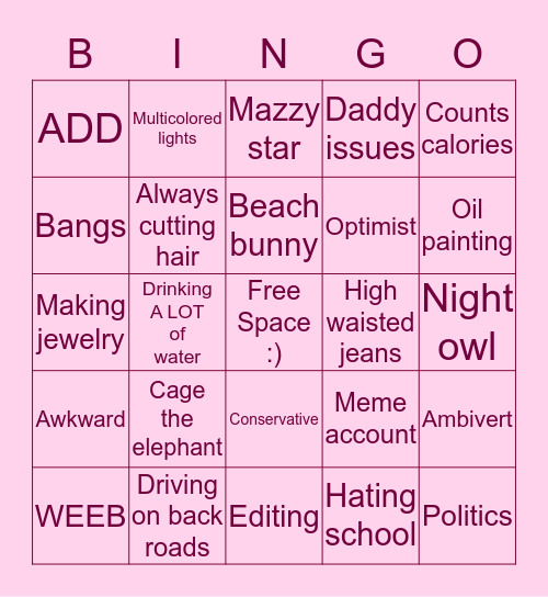 Grace’s bingo!! Bingo Card