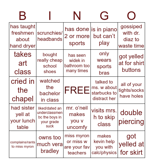 quigley girl bingo Card