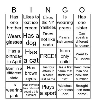 Introduction Bingo Card