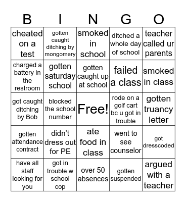 phs bingo bad kid edition Bingo Card