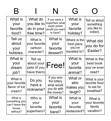 Getting to Know Me Bingo Card