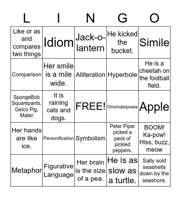 LANGUAGE ARTS Bingo Card