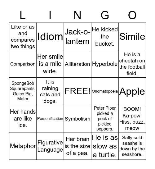 LANGUAGE ARTS Bingo Card