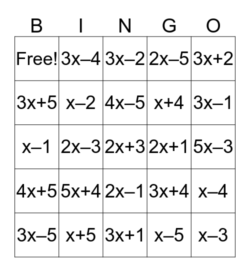 FACTORING Bingo Card