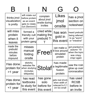 Science Olympiad Protein Modeling Bingo Card