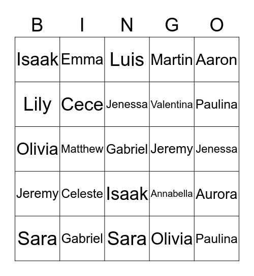 Cousin Bingo Card