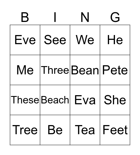 Long E sound Bingo Card