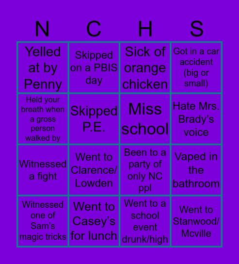 NCHS Bingo Card