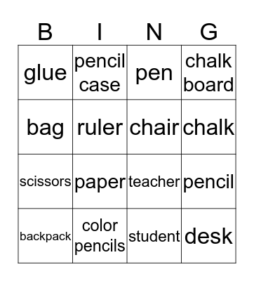 School Supplies Bingo Card