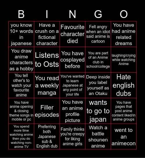 ANIME Bingo Card