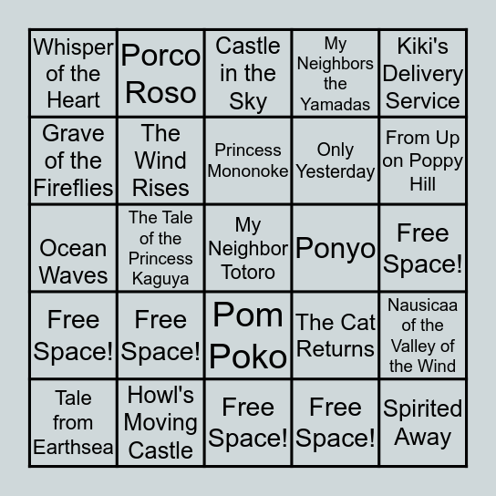 Studio Ghibli Bingo Card