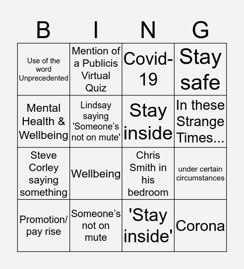 Spark Quarantine Bingo Card