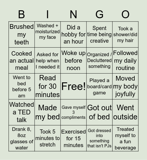 Quarantine Self Care Bingo! Bingo Card