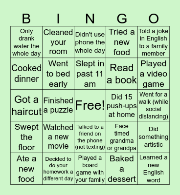 Quarantine/English Bingo Card