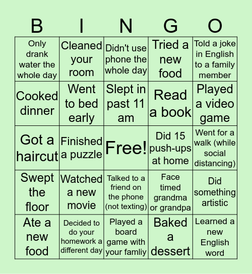 Quarantine/English Bingo Card
