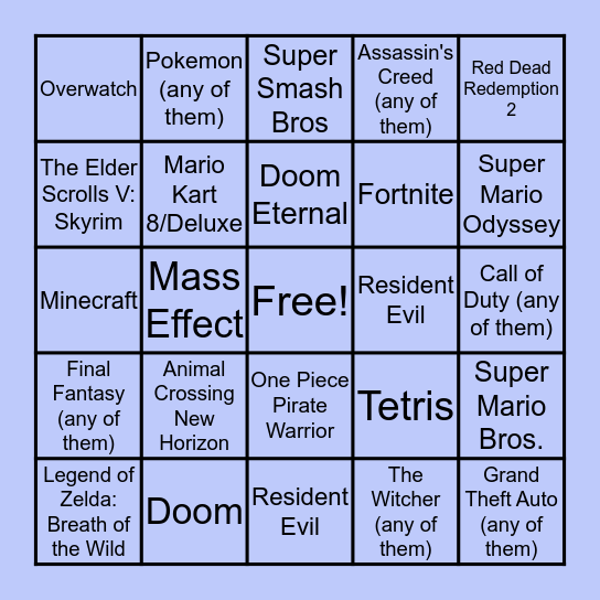 Video Games Bingo Card