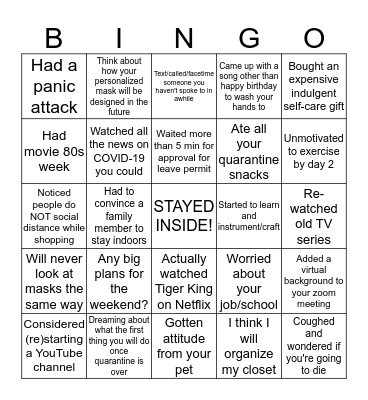 Social Distancing BINGO Card