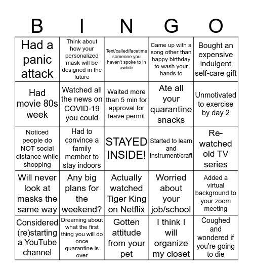 Social Distancing BINGO Card