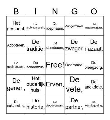Bingo thema Familie Bingo Card