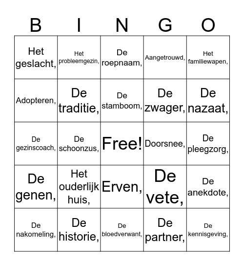Bingo thema Familie Bingo Card