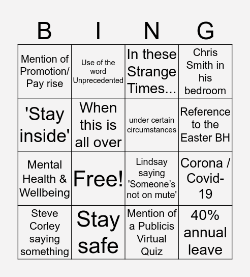 Spark Quarantine Bingo Card