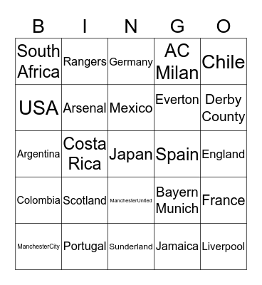 Soccer Teams Bingo Card