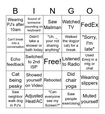 MNIT@DOT Remote Work Bingo Card