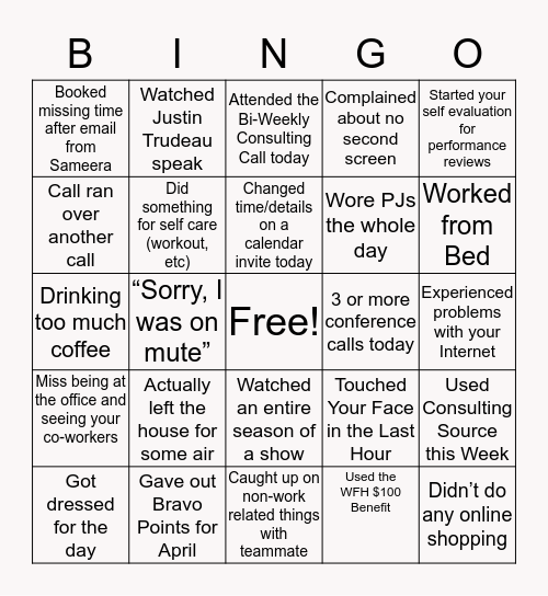 FE WFH Bingo Card