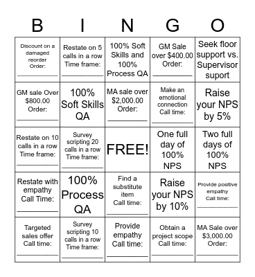 NPS / QA / Sales BINGO Card