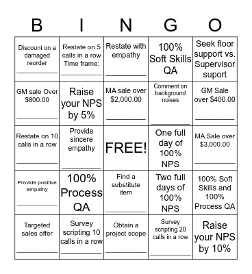 NPS / QA / Sales BINGO Card