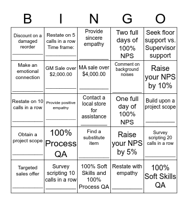 NPS / QA / Sales BINGO Card