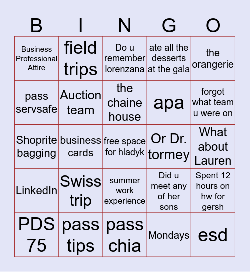 Hospitality Bingo Card