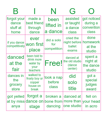 Dance With Heart Bingo Card