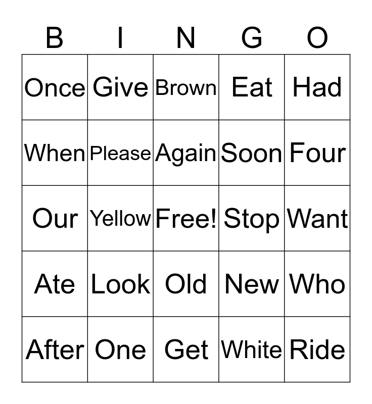 Site Word Bingo Card