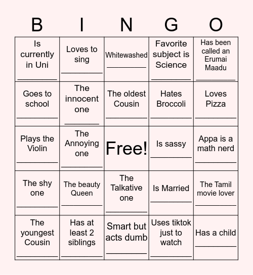 Crazy Cousins Bingo Card
