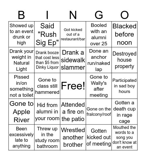 Sig Ep Bingo Card