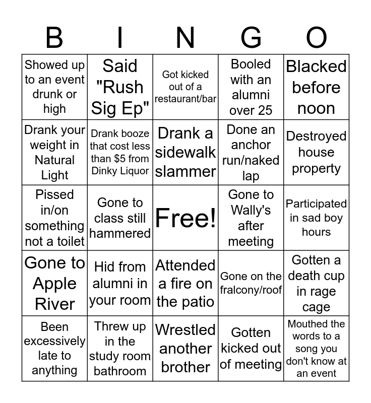 Sig Ep Bingo Card