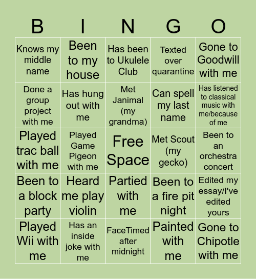 Justin Bingo Card