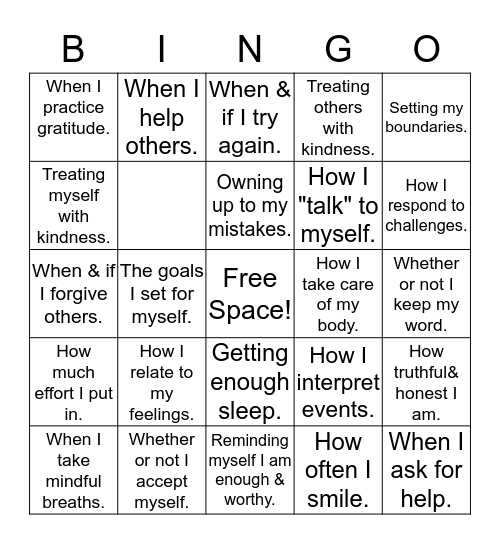 Things I Can Control BINGO Card