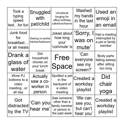 Remote Work Bingo Card